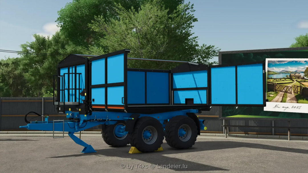 FS25 mod Rudolph Anhänger Pack v1.0.2.0 showcasing a blue trailer with open side panels in Farming Simulator 25.