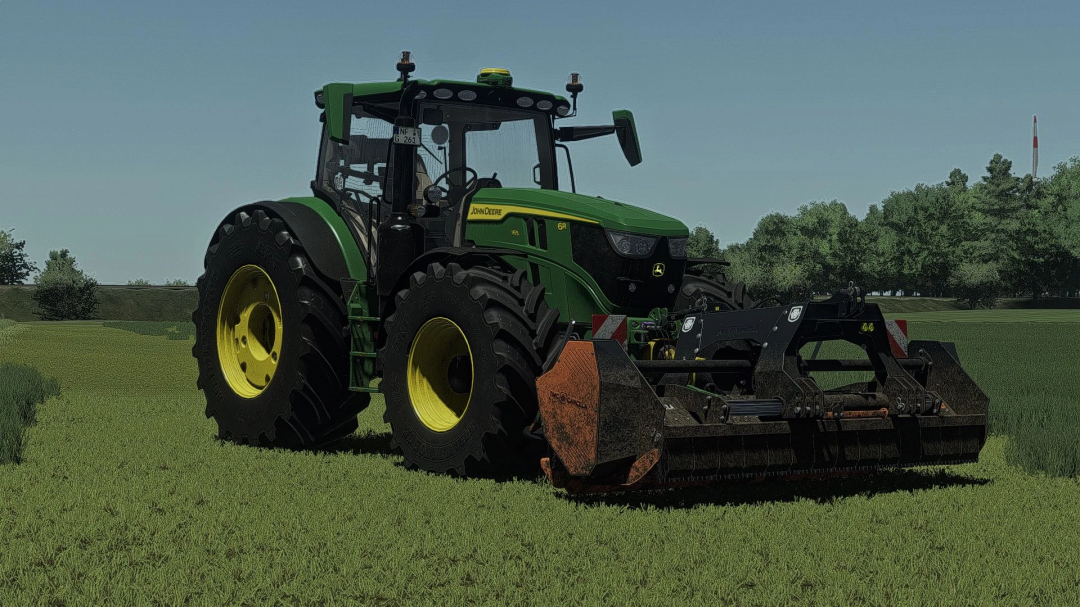 Green tractor with attachment in grass field, enhanced by Shader By Swissi, FS25 mods.