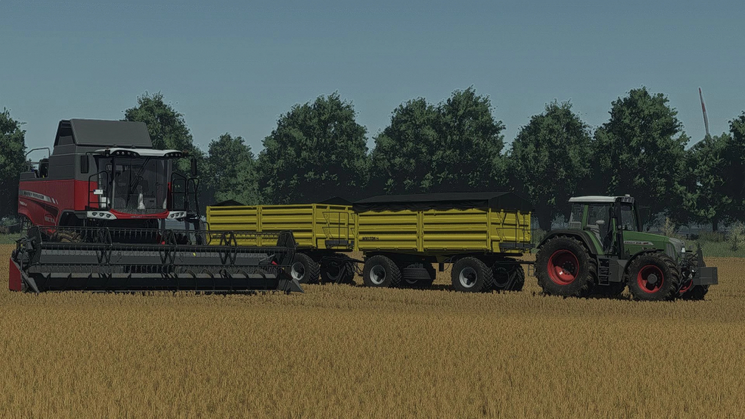 FS25 mods Shader By Swissi v1.0.0.0: Combine harvester and tractor with trailers in a wheat field, enhancing graphics realism.