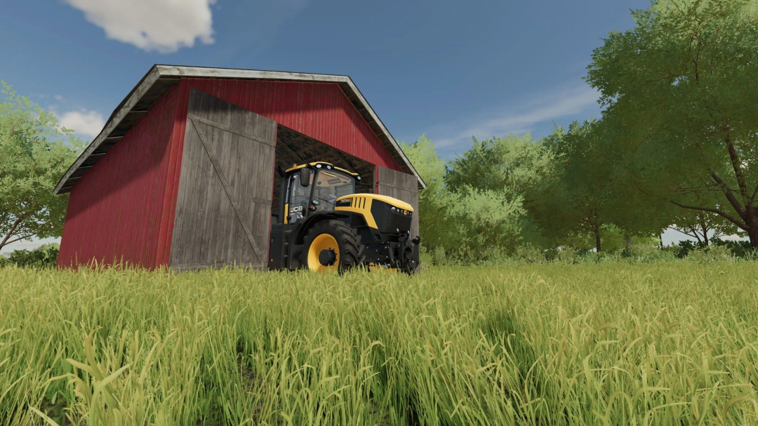 Tractor inside a red wooden barn, surrounded by lush greenery in FS22 Shelter Matters mod.