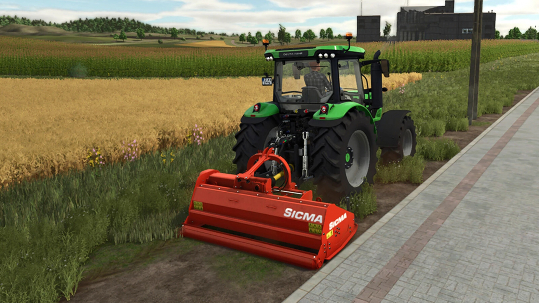 Farming Simulator 25 mod showing a tractor using the Sicma TR 255 on a field edge.