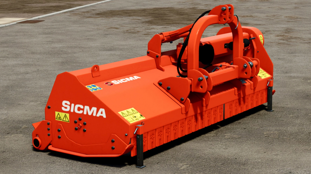 Sicma TR 255 v1.0.0.0 mod for FS25, featuring a red industrial implement on a concrete surface.