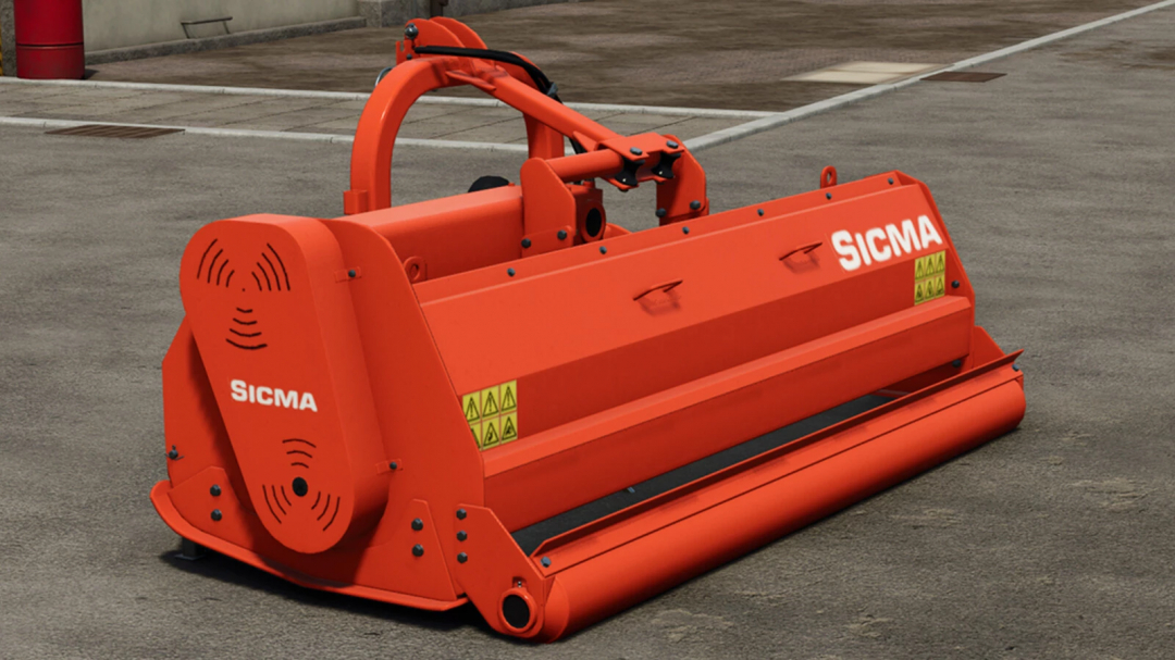 Sicma TR 255 mod for FS25 featuring an orange-colored farming equipment attachment on a concrete surface.