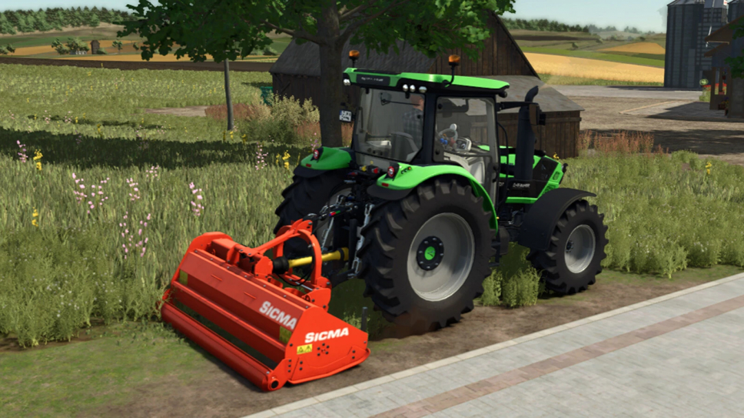 Green tractor with Sicma TR 255 attachment in Farming Simulator 25 mod, parked by a field.