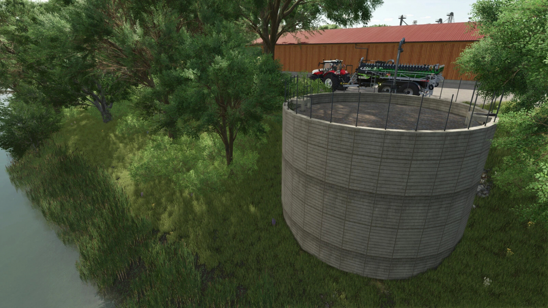 Slurry tank mod in FS25 near a farm with a tractor and green landscape.