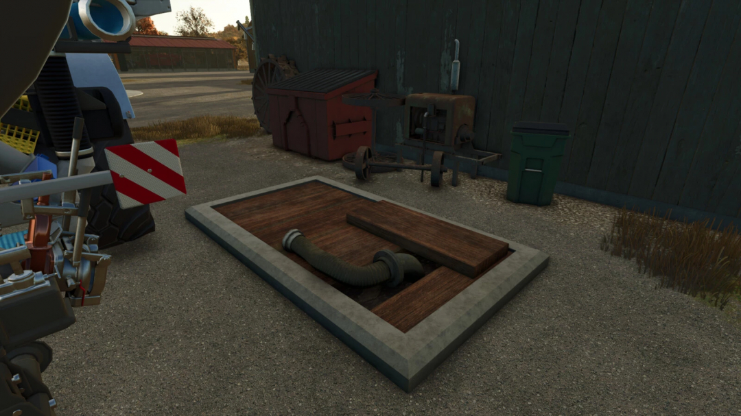 FS25 Slurry Tanks mod showing a wooden cover and pipe, Farming Simulator 25.