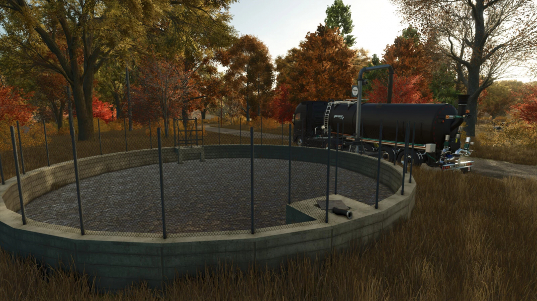 Slurry tank setup in FS25 mod with autumn forest backdrop