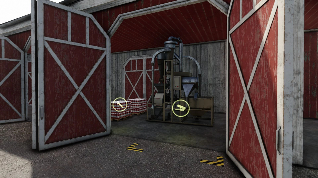 Small Production No Shed mod in FS25 features machinery inside a red barn with open doors.