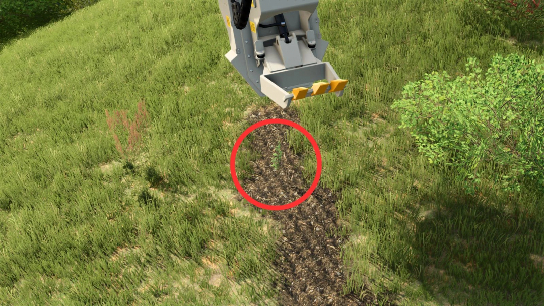 Stump Grinder Tree Planter mod v1.0.0.0 in FS25 showing planted tree marked by a red circle.