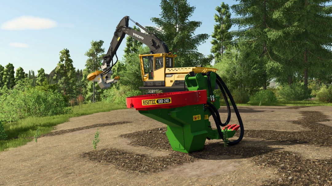 FS25 mod Stump Grinder Tree Planter v1.0.0.0 in action in a wooded area.