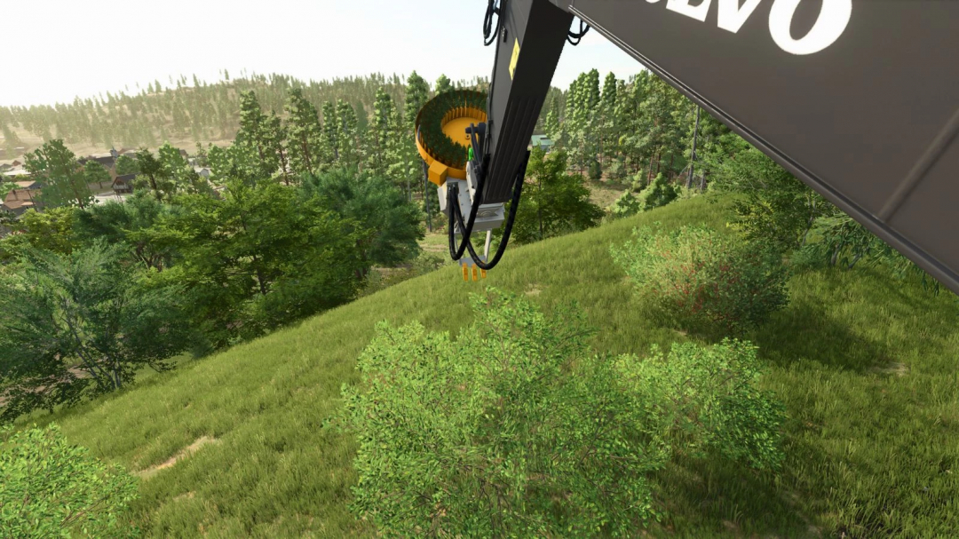 Stump Grinder Tree Planter mod in use in FS25, showing a mechanical arm on a grassy hillside.