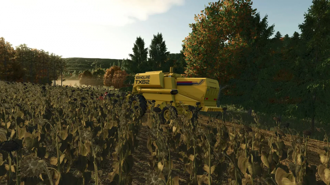 FS25 mod Sunflower Texture v1.0.0.0 showing New Holland TX62 harvester in a sunflower field.