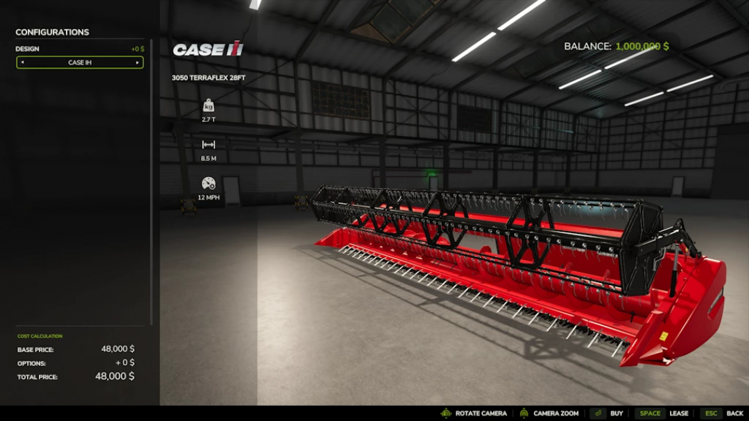 FS25 Terra Flex Pack 1.4.0.0 mod showing Case IH 3050 Terraflex 28FT harvester in a virtual garage, highlighting its specifications and price.