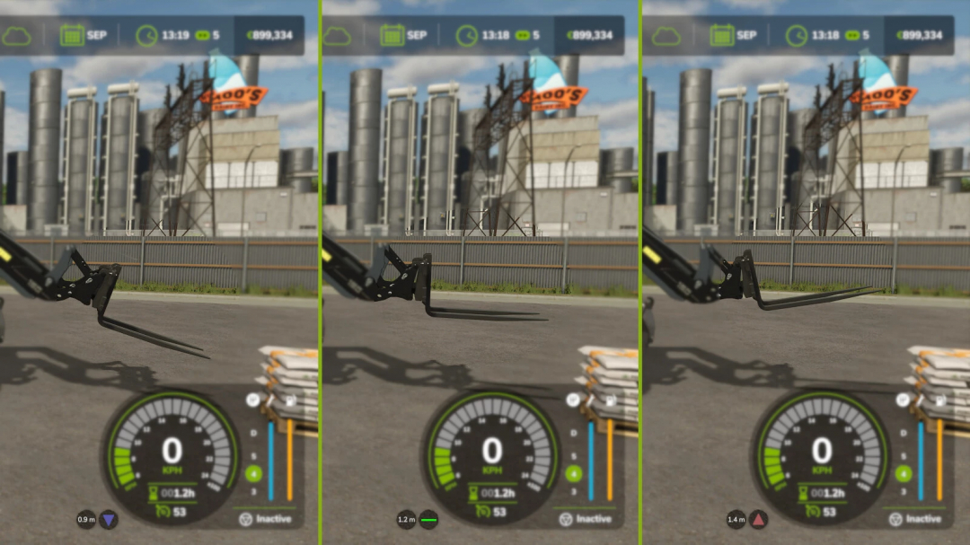 Farming Simulator 25 mod shows tool inclination helper in use, displaying forklift angles and on-screen metrics. FS25 mods enhance gameplay.