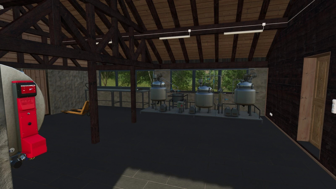 Interior of Tyrolean Dairy in FS25 mod, showcasing dairy processing machines inside a rustic building.