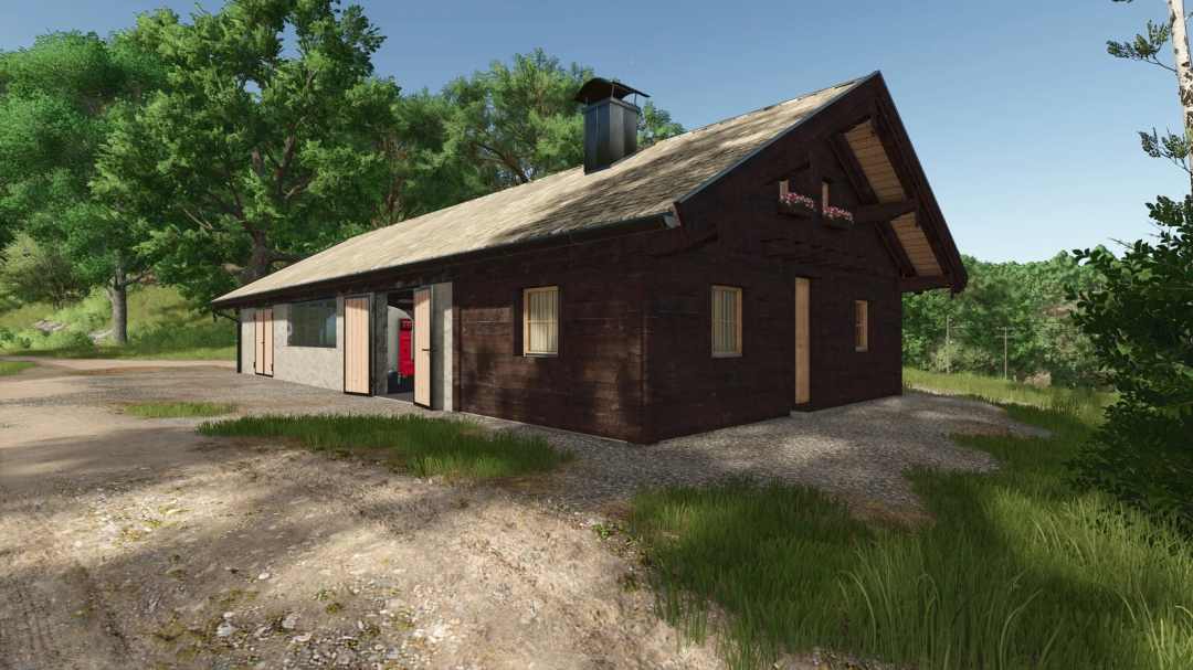 Tyrolean Dairy mod in FS25, showcasing a rustic barn in a lush green landscape.