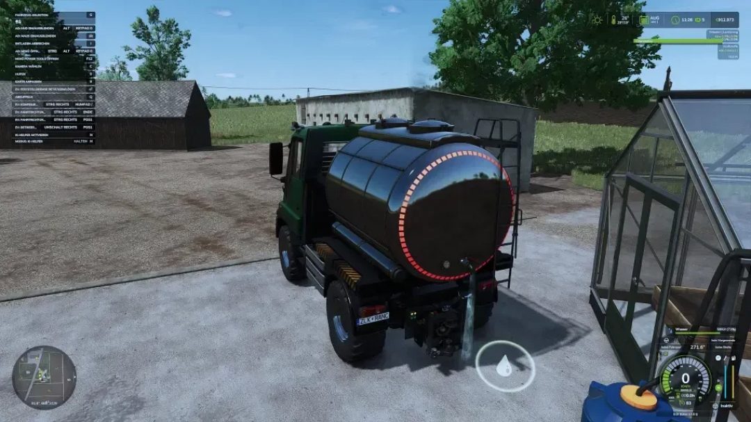 Unimog U400 mod in FS25, parked near greenhouse, showcasing update v1.2.0.0 features in Farming Simulator 25.