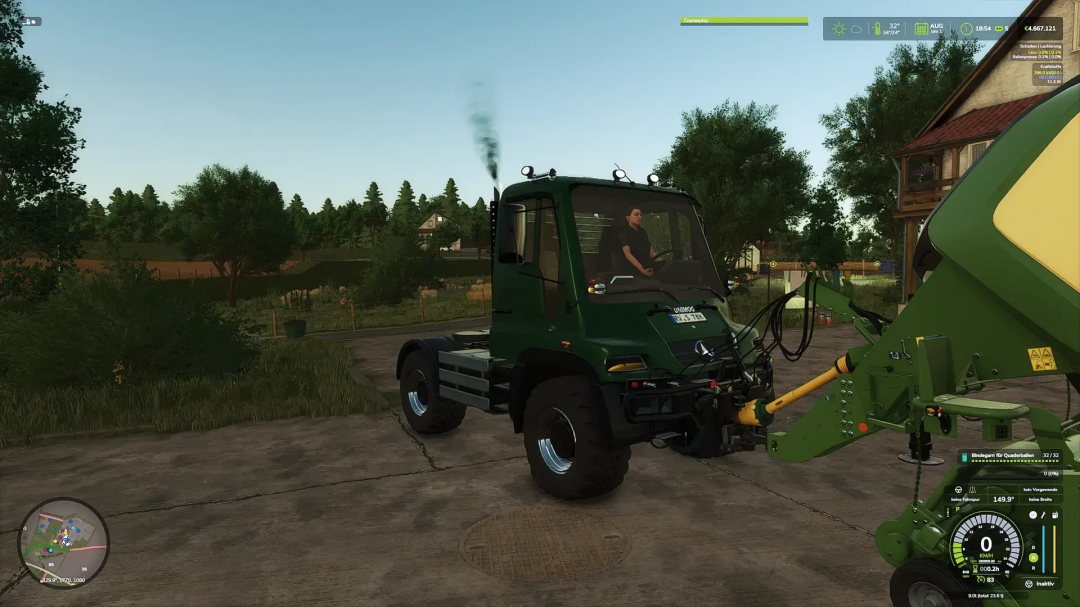 Unimog U400 mod in Farming Simulator 25, showcasing vehicle update v1.2.0.0 with a green exterior in a rural setting.