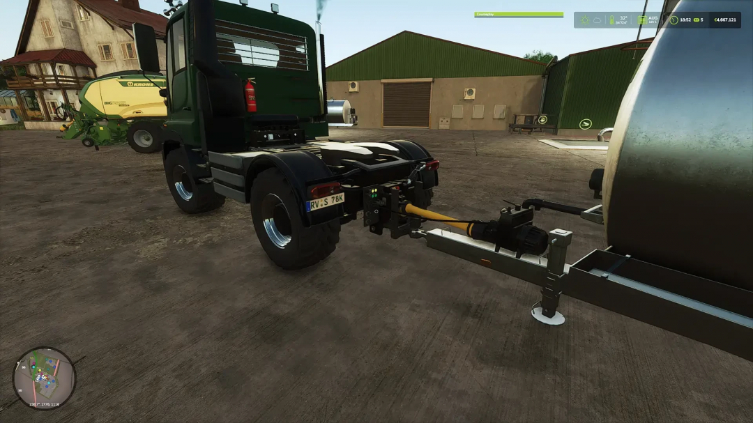 Unimog U400 Update v1.2.0.0 mod in Farming Simulator 25, displaying a vehicle with attached equipment in a farm setting.