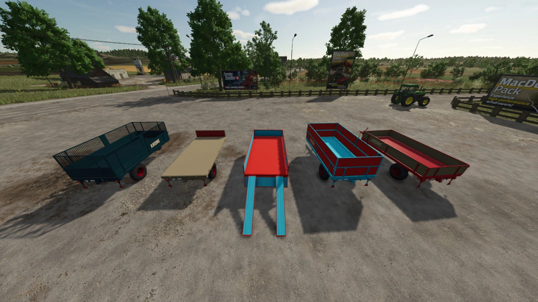 Five distinctive trailers for FS25 Universal Trailer mod, displayed in a farming landscape.