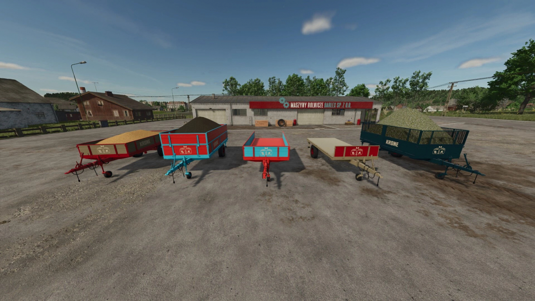 Universal Trailer v1.0.0.0 mod for FS25 with multiple colorful trailers in a parking lot.