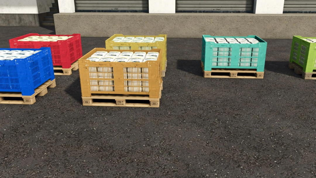 Colorful pallets of packaged goods from the Universal Mill mod in FS25.