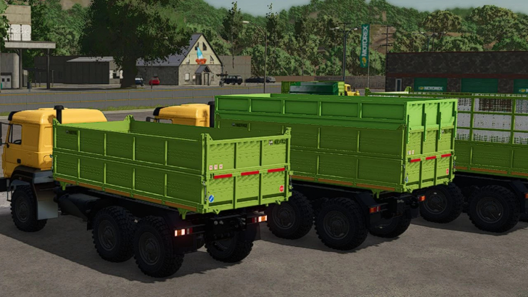 Ural 6370K Selkhoznik trucks in FS25 mod with green trailers parked in farming scene.