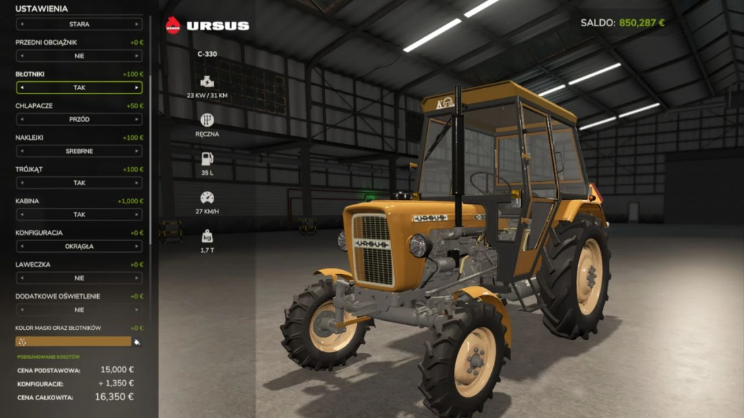 FS25 mod Ursus C330-C330M v1.0.9.0 tractor in a virtual garage showcasing customization options.