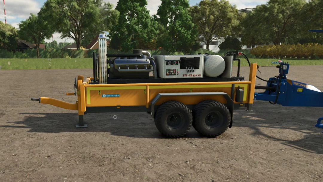 V8 Motor station trailer mod in FS25, showcasing detailed machinery and yellow trailer design.