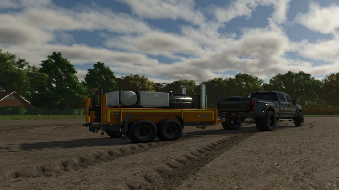 FS25 mod V8 Motor station trailer attached to a truck on dirt road.