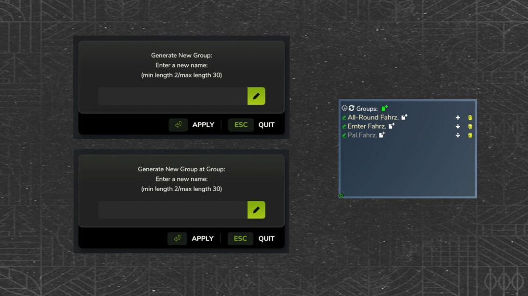 FS25 Vehicle Manager mod interface showing group management options.