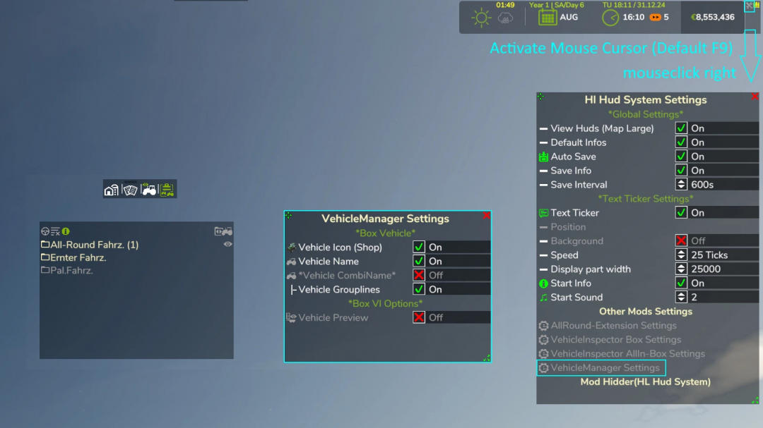 FS25 Vehicle Manager v1.0.0.0 mod settings screenshot, showing various configuration options for in-game vehicle management.