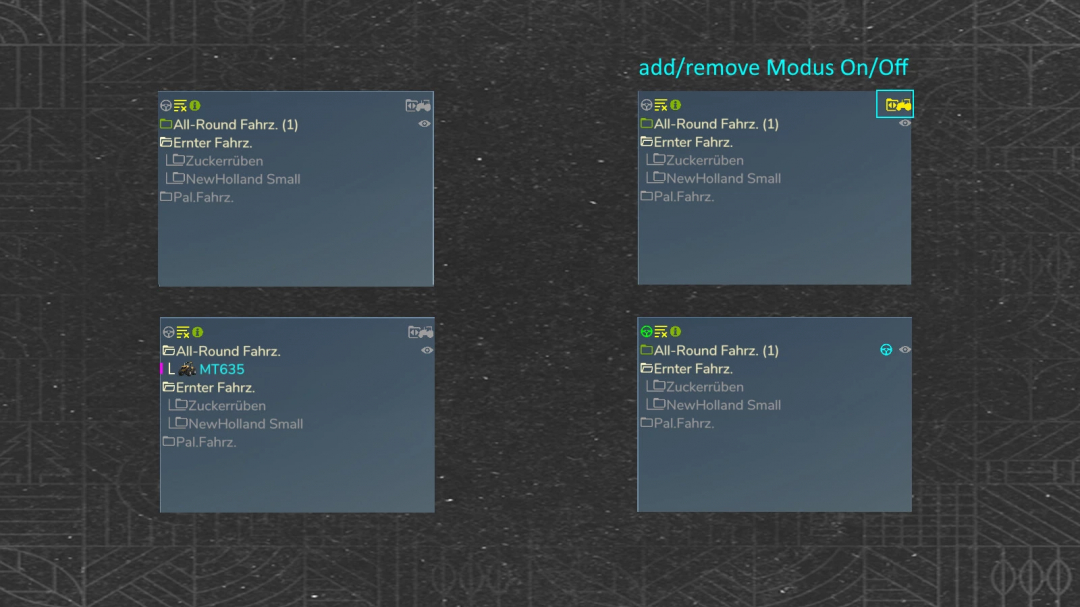 FS25 Vehicle Manager mod interface showing vehicle options and toggle settings.