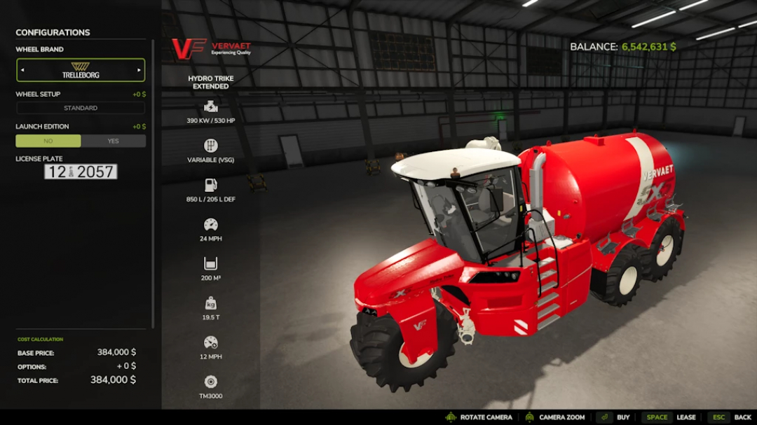 Vervaet Hydro Trike Extended mod in FS25, showing vehicle configuration options and specs in a warehouse setting.