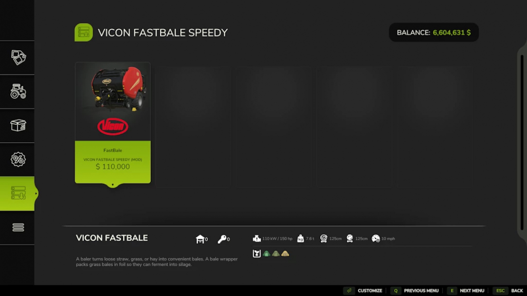 FS25 mod menu showing Vicon FastBale Speedy 1.0.0.0 with a price of $110,000.