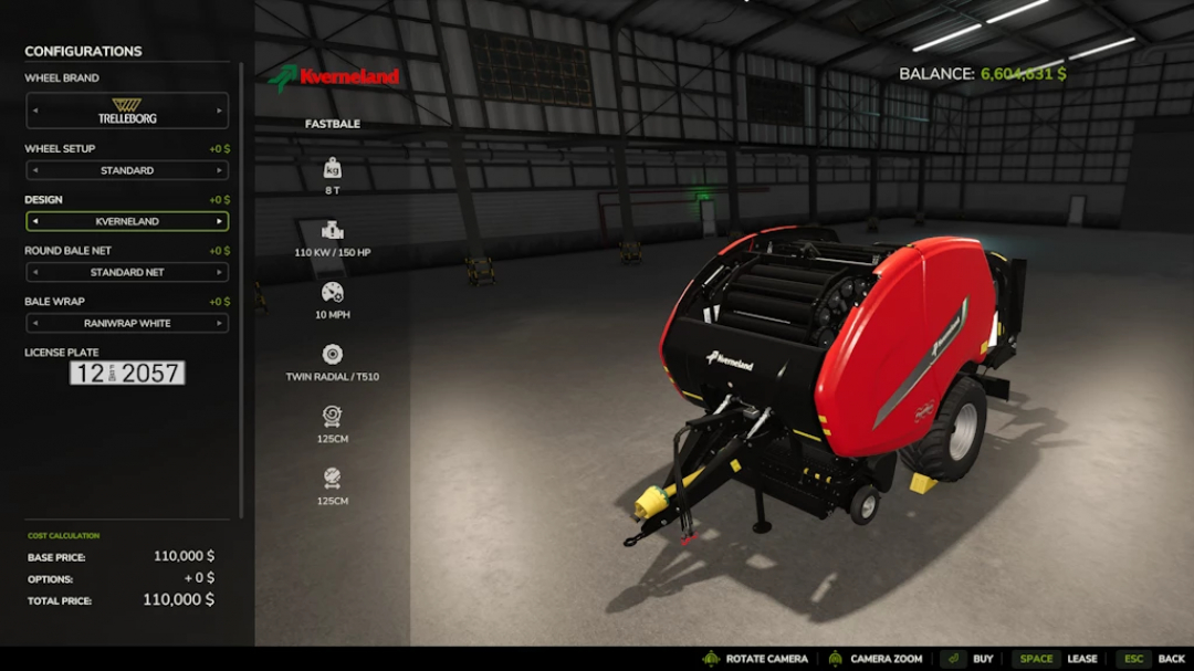 FS25 mod Vicon FastBale speedy 1.0.0.0 shown in a garage setting with detailed specifications and pricing on screen.