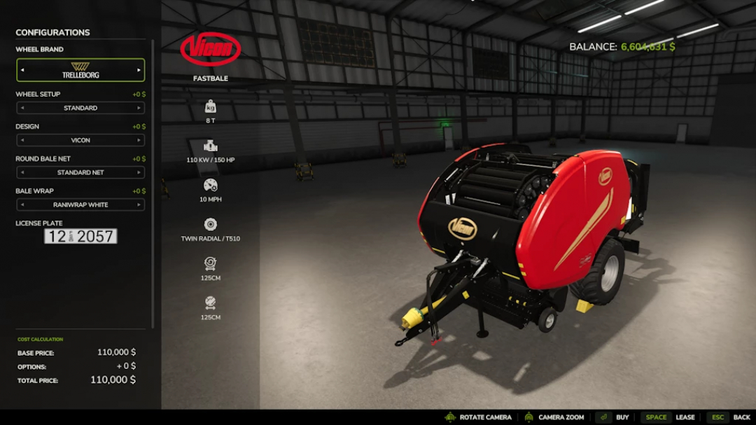 Image of Vicon FastBale speedy 1.0.0.0 mod in Farming Simulator 25 showing specifications and configuration options.