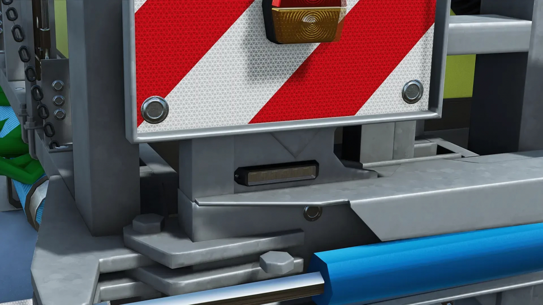 Close-up of Vogelsang SwingMax 24 mod detail in Farming Simulator 25, showing red and white stripes and metal components.