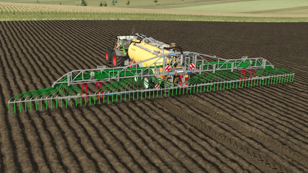 FS25 mod Vogelsang SwingMax 24 v1.0.0.1 in Farming Simulator 25, showcasing a fieldwork application tool on cultivated land.