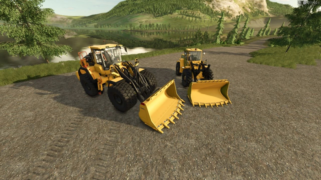Volvo 180 Rock Bucket Edit v2.0.0.0 mod for FS25 showing two yellow loaders with large buckets on gravel path.