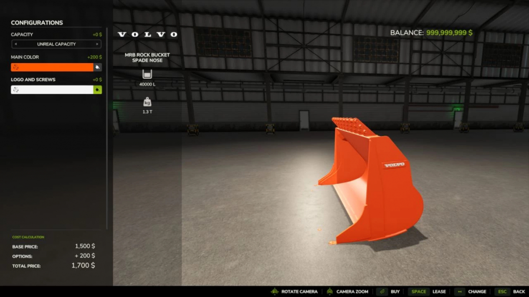 Volvo 180 Rock Bucket Edit v2.0.0.0 mod in FS25 with capacity configurations in a warehouse.