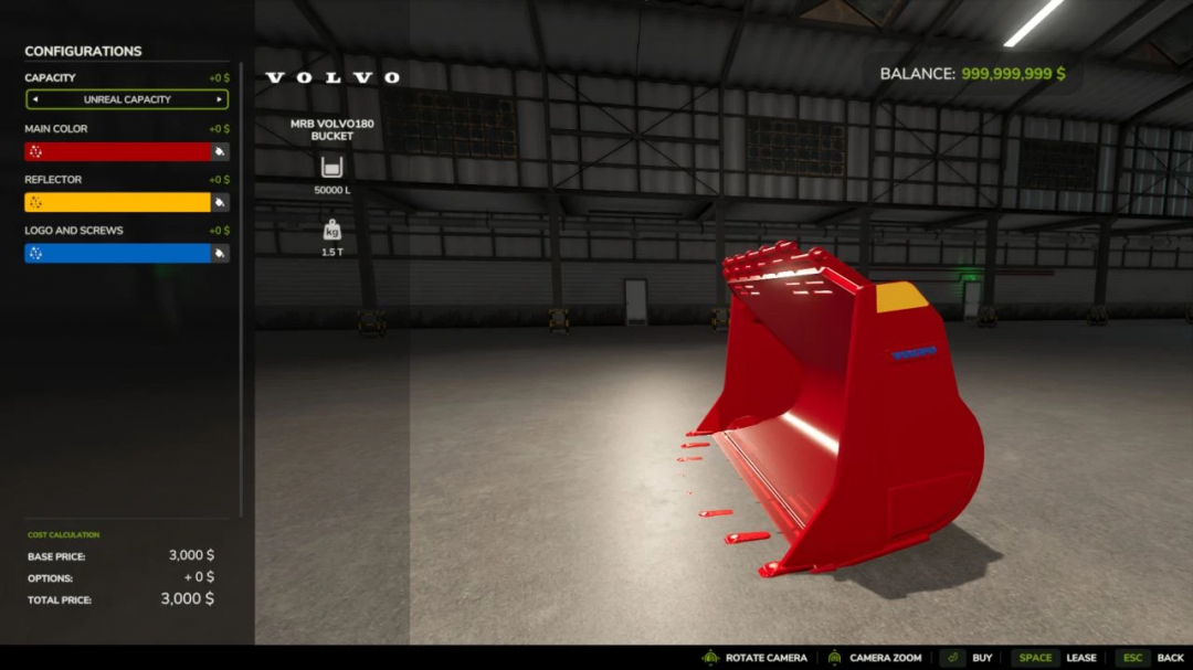 Volvo 180 Rock Bucket Edit v2.0.0.0 in FS25 mod shop, showing red bucket with configuration options.