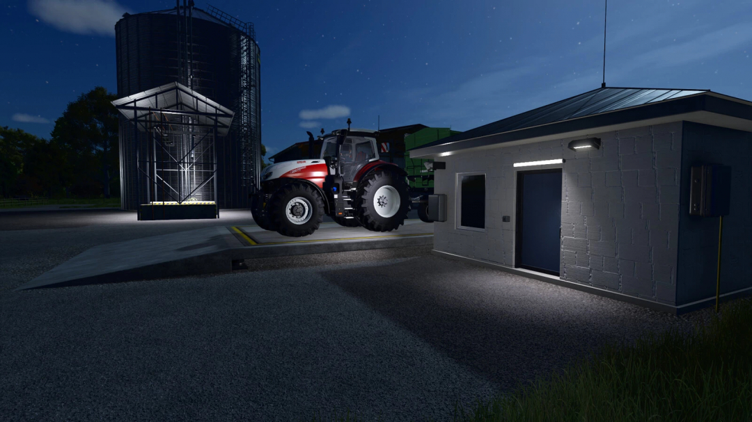 Weighing House mod in FS25 showing a tractor near a weighing station at night.