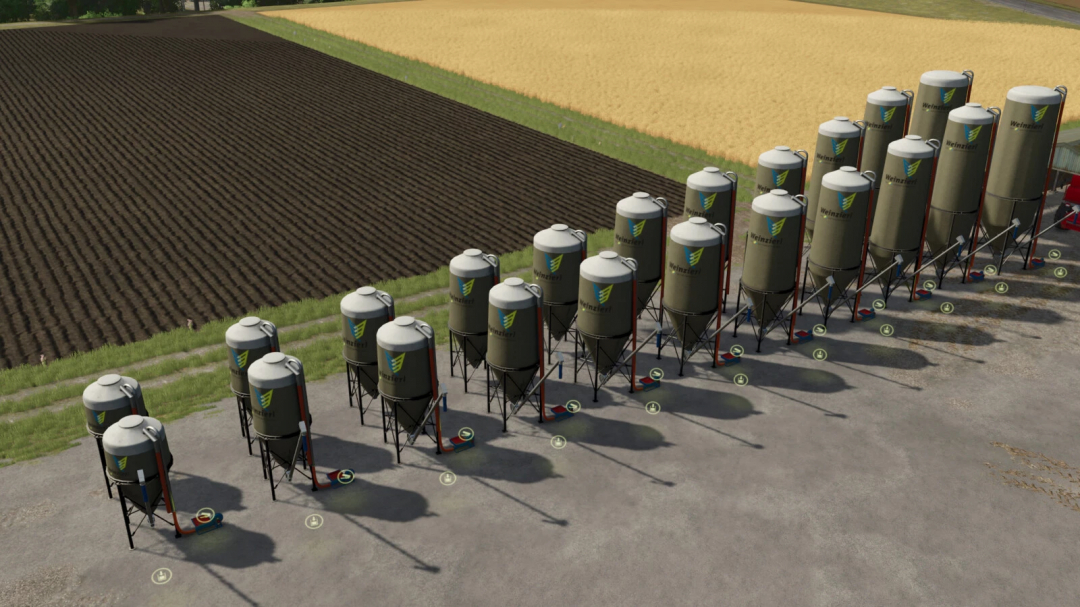 Weinzierl Silo Pack mod for FS25 showing various silos beside fields.