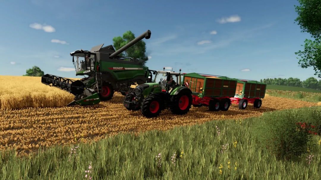 FS25 mods: Welger TDK DK Pack v1.0.0.0 with Fendt tractor and harvester in wheat field in Farming Simulator 25.