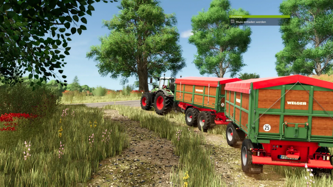 FS25 mod: Welger TDK DK Pack v1.0.0.0, showcasing two green and red trailers on a country road.