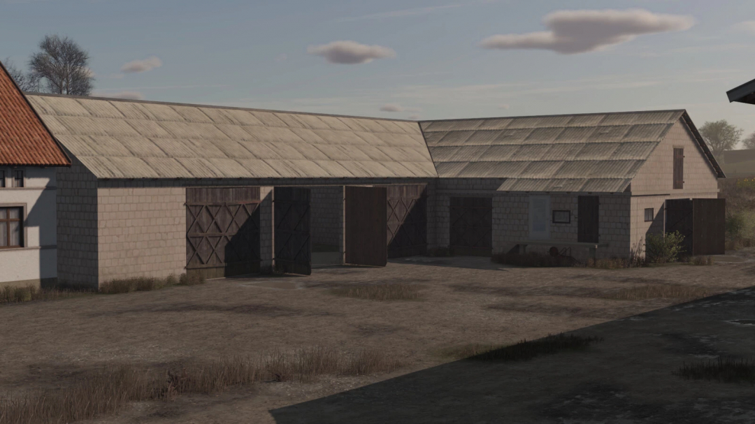 Wyszkowian Cowbarn V1.0.0.0 mod in FS25 features a rustic farm building with wooden doors and a corrugated roof.