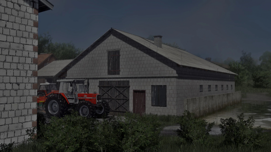 Wyszkowian Cowbarn in FS25 mod showcasing a brick barn and tractors during rainy weather.