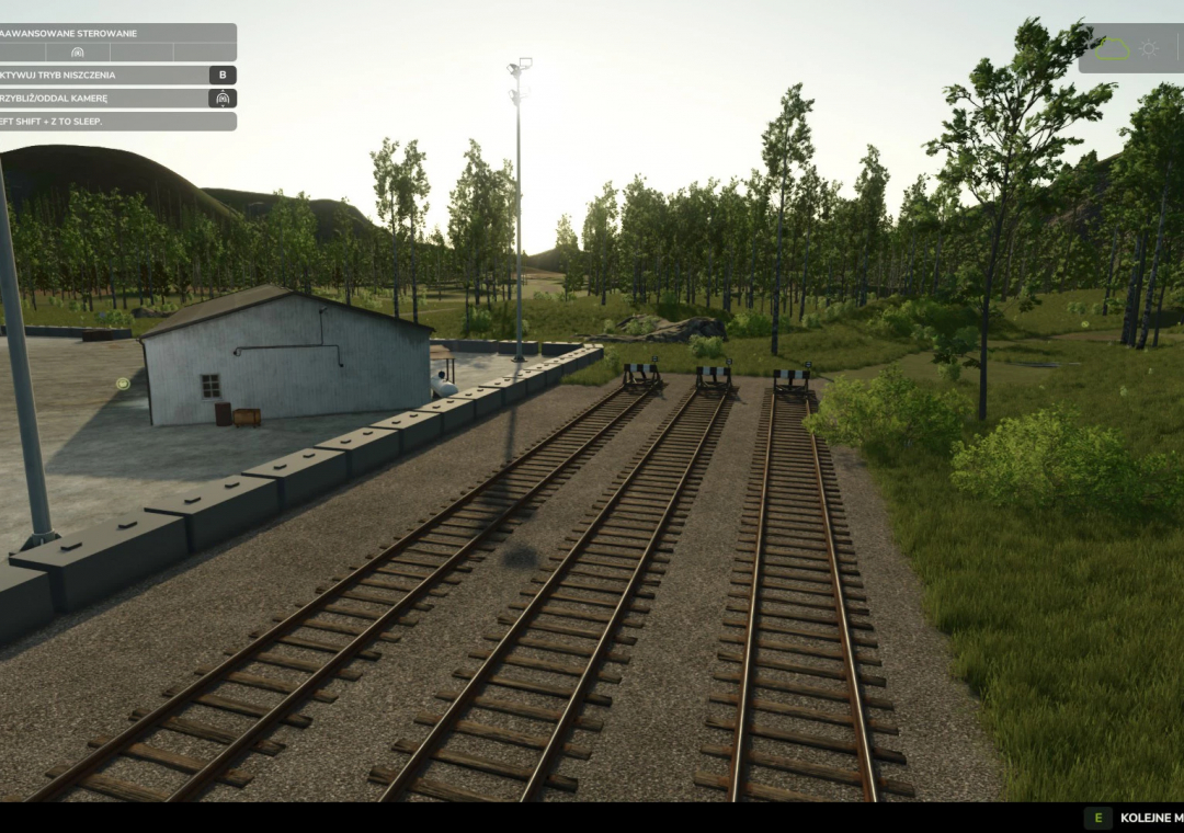 Railroad tracks and a small building in FS25 ZCA Railroads mod environment.