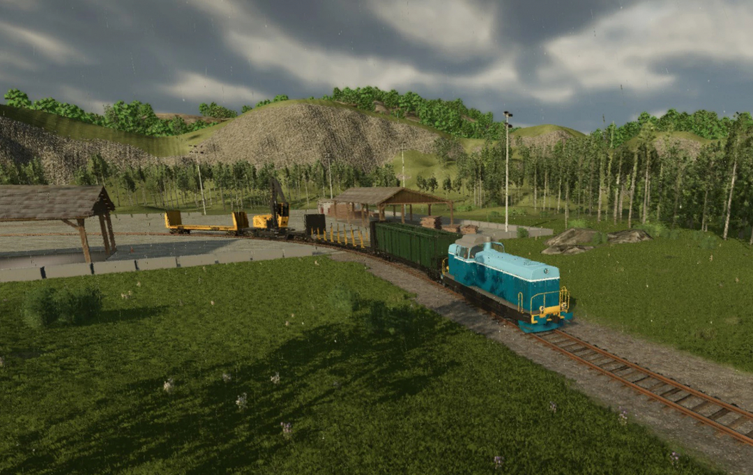 Scenic trains and railroad in FS25 ZCA Railroads mod, surrounded by lush hills and trees.